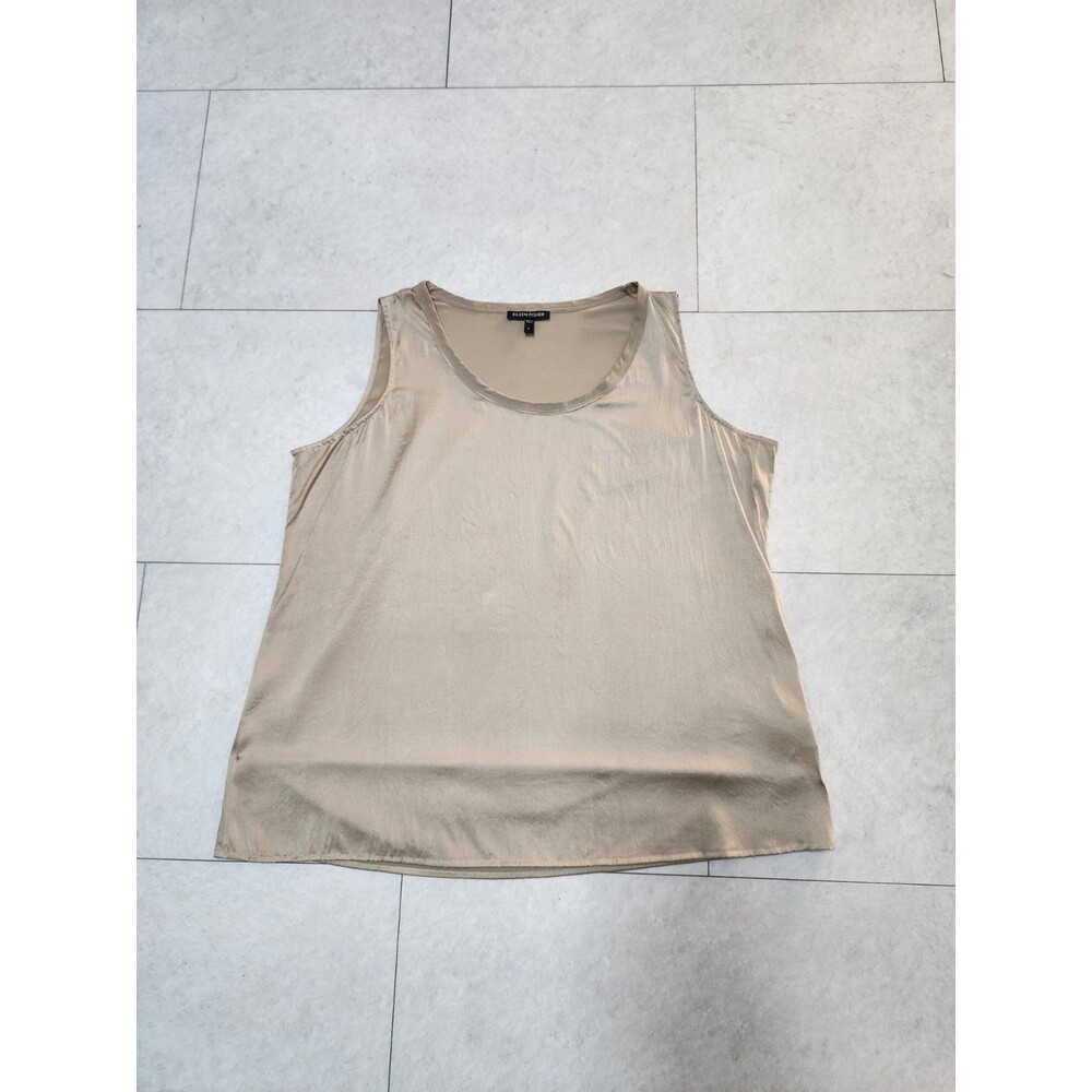 Eileen Fisher Silk Tank Top Beige Shiny Tan Scoop Neck Relaxed Boxy Fit Neutral